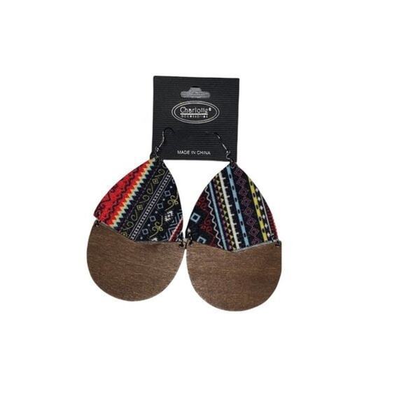 New NWT Wooden Fabric Covered Boho Aztec Dangle Earrings Red Black Multicolored - Picture 1 of 5